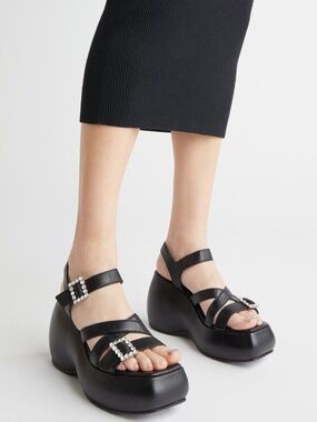 Free People Brooklyn Ankle Strap Platform Sandal in Black Leather Size 8 NWOB